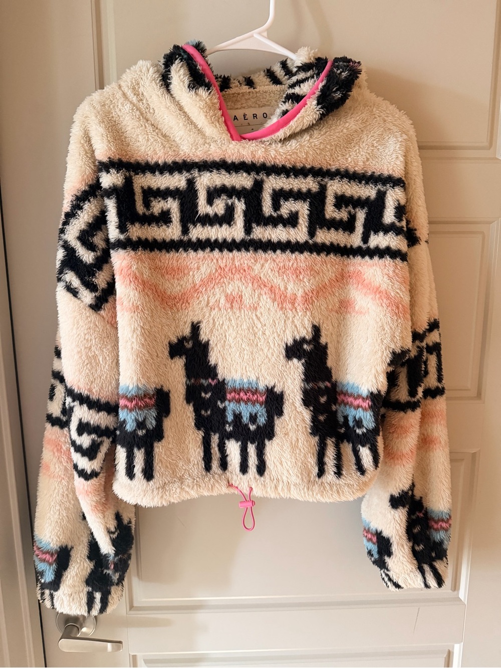 Aeropostale Cream Fuzzy Llama Pattern Hoodie with Black and Pink Accents